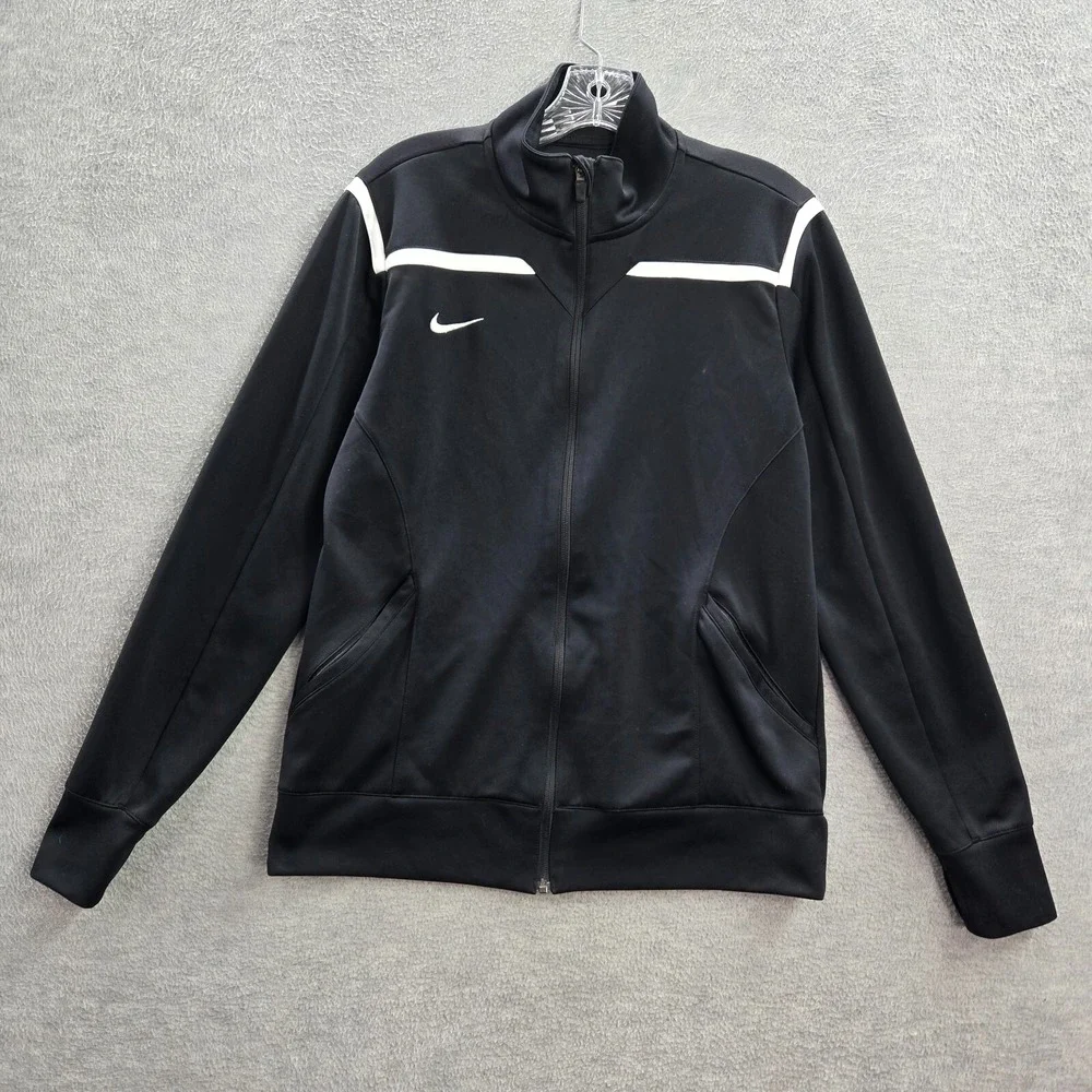Nike Women Jacket Large Black Track Logo Swoosh Embroidered Pockets Full Zip - Picture 1 of 12